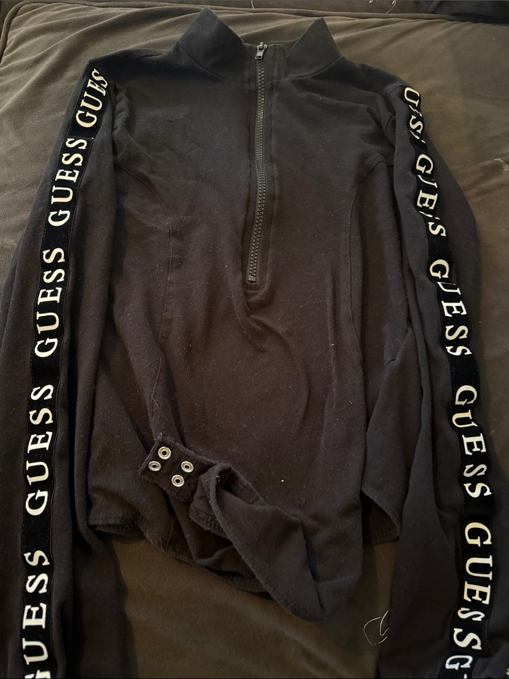 GUESS Black Half-Zip Pullover with Logo Sleeve Tape